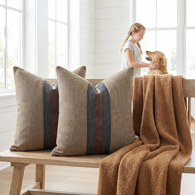 BOYSUM Set of 2 Leather Throw Pillow Covers Cotton Linen Decor Patchwork Pillow Cover Faux Leather Pillows Cover for Couch Sofa Living Room Bedroom,Coffee 16"x16"