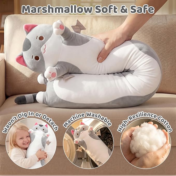 Mewaii Long Cat Plush 5 Sizes, 120% Extra Filling Giant Plushness Kids Body Pillow, Kawaii Cute Grey Cat Stuffed Animals Plushies, Big Long Body Pillow Cat Plush Gift for Girls 53”