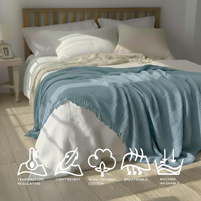 KyraHome 100% Organic Cotton Blanket, 50"x60" Muslin Blankets for Adults, Pre-Wahed Plant Dyed, Breathable Lightweight Gauze Summer Throw Blanket for Couch, (Slate Blue)