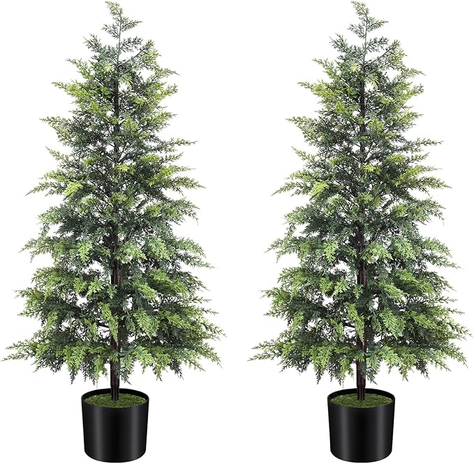 ENVEN Outdoor Artificial Topiary Cedar Tree Real Touch Faux Pine Evergreen Shrub Plant UV Resistant Greenery Tree with Pot Realistic Cypress Front Porch Decor (4FT-2Pack)