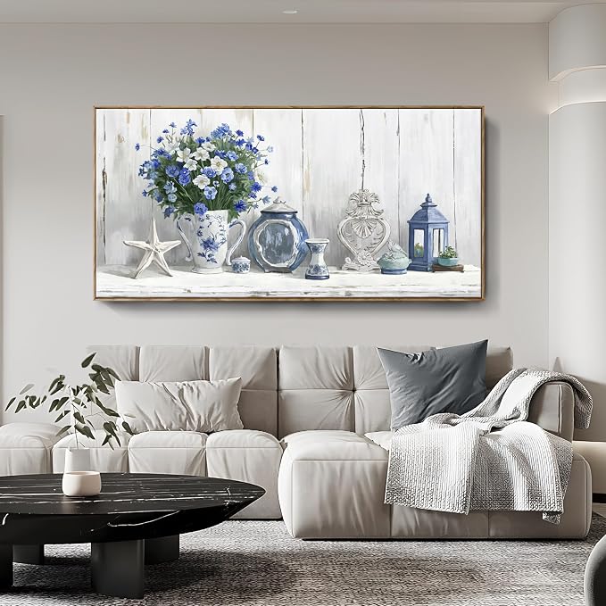 Nicetop Oversized Framed Wall Art for Living Room – Large Floral Canvas Print Blue and White Still Life Artwork Giant Shabby Chic Picture Bedroom Dining Room Office Beach Rustic Country Decor 58x29 Inch