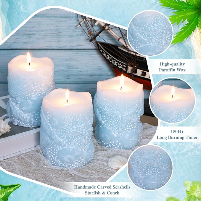 Ocean Scented Pillar Candles Hand-Poured Blue Starfish Conch Seashell Aromatherapy Candles for Home Scented, SPA, Restaurant, 3x4 Inch Set of 3, 150+ Hours Burn Time Dripless Smokeless