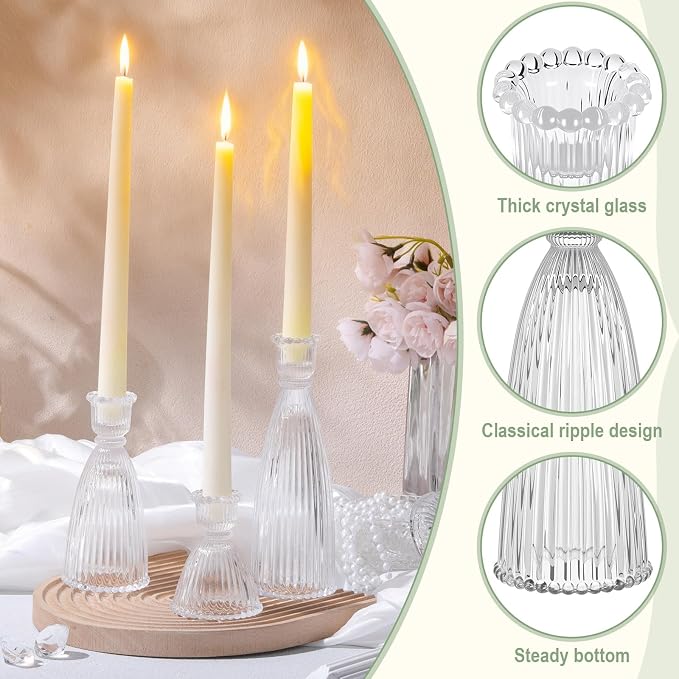 Mumufy 12 Pack Glass Candlestick Holders(3.5", 5.8", 7.9") – Bulk Set of Vintage Clear Tapered Striped Candle Holders for Candlesticks, Banquets, Events, and Festive Parties(Clear)