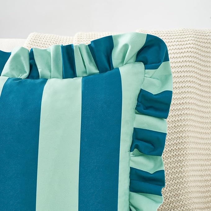 MONDAY MOOSE Decorative Throw Pillow Covers, Set of 2 Water-Resistant Striped Design with Ruffle Edge for Outdoor/Indoor Use, Pillow Inserts Not Included (16x16 inch, Blue/Light Blue)
