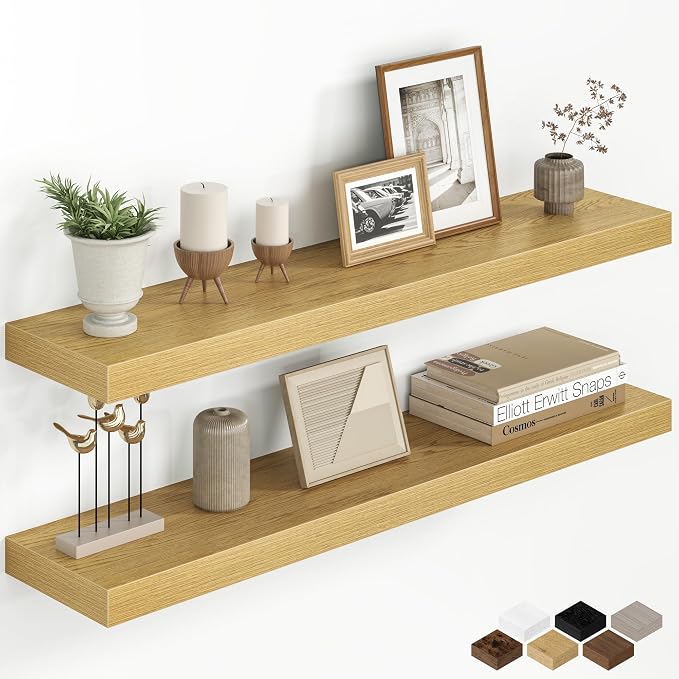 Fun Memories 36 Inch Floating Shelves for Wall, 8 Inch Deep Rustic Wood Floating Shelves Set of 2, Wall Mounted Hanging Shelf with Invisible Brackets for Bathroom, Bedroom, Kitchen, Living Room, Oak