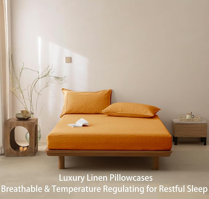 Talasily 100% French Linen Pillow Case Queen Size Set of 2,Oeko-TEX Certified Stone Washed Flax Pillow Shams with Envelope Closure - Breathable & Cooling for Hot Sleepers（Caramel,20''x30''）