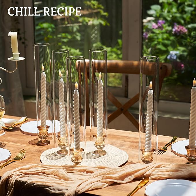 CHILL RECIPE Hurricane Glass Candle Holders-Set of 6 Tall Taper Candle Holder with 14” Tall Clear Cylinder Covers for Wedding Table Centerpiece Home Decor (Gold Base+Clear Chimney)
