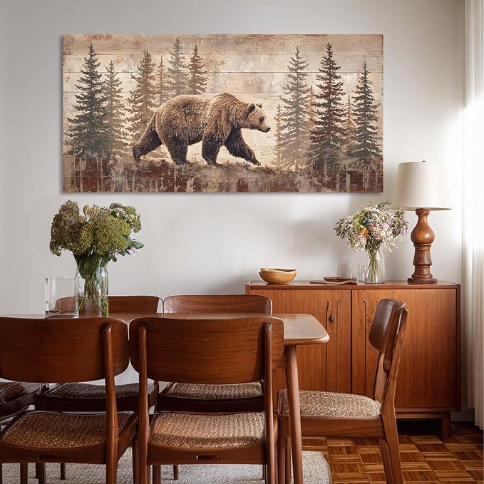 Ggaafet Brown Bear Forest Wall Art for Bedroom Canvas Painting Prints Retro Wood Rustic Wildlife Art Deco Vintage Nature Artwork Office Farmhouse Dining Room Decor