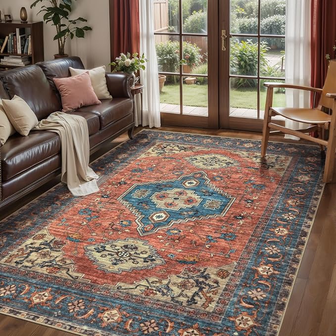 Tangsoo 5x7 Area Rug Washable Rug for Living Room, Vintage Indoor Non Slip Large Area Rugs, Print Distressed Rust Carpet, Soft Low Pile Foldable Floor Rug for Bedroom Dining Room Dorm Terracotta/Blue