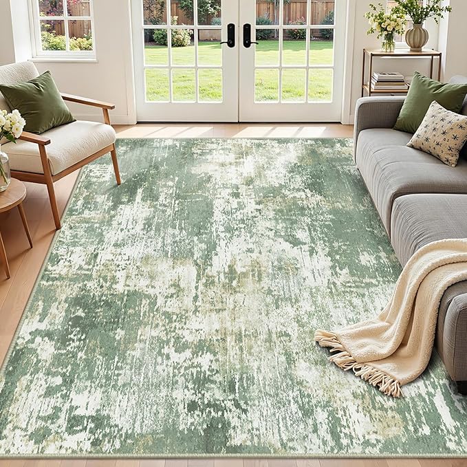 RELEANY Washable Area Rugs 3'x5' Non-Slip Modern Abstract Soft for Living Room Entryway Bedroom Nursery, Print Pattern, Light Green/Yellow