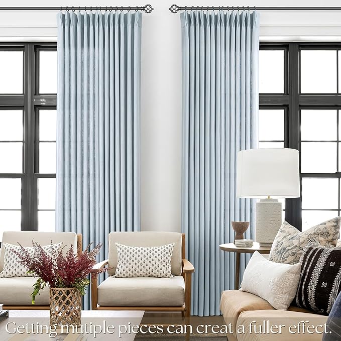 Light Blue Pinch Pleated Linen Curtains 108 inches Long with Clips and Hooks for Boys Bedroom Elegant Neutral Farmhouse Dusty Blue Semi Sheer Pleat Drapes Living Room 40"x108" 2 Panels Grey Blue