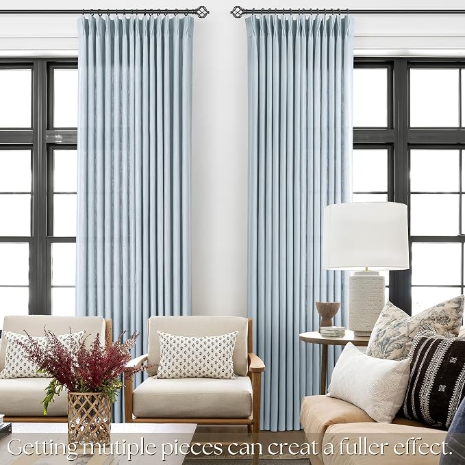 Light Blue Pinch Pleated Linen Curtains 120 inches Long with Clips and Hooks for Boys Bedroom Elegant Neutral Farmhouse Dusty Blue Semi Sheer Pleat Drapes Living Room 40"x120" 2 Panels Grey Blue