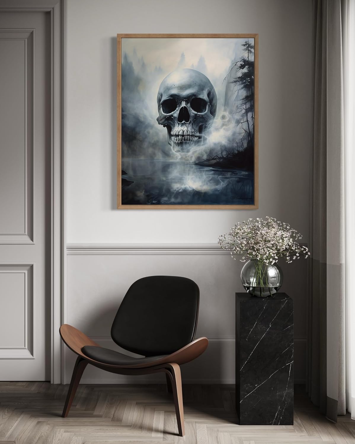 Foggy Skull Poster Art Print, Halloween Scary Vintage Wall Art Academia Spooky Painting Decoration for Horror Prints, Gothic Posters Bedroom Decor 89 (Foggy Skull, 8 x 10 inches, Wood Frame)