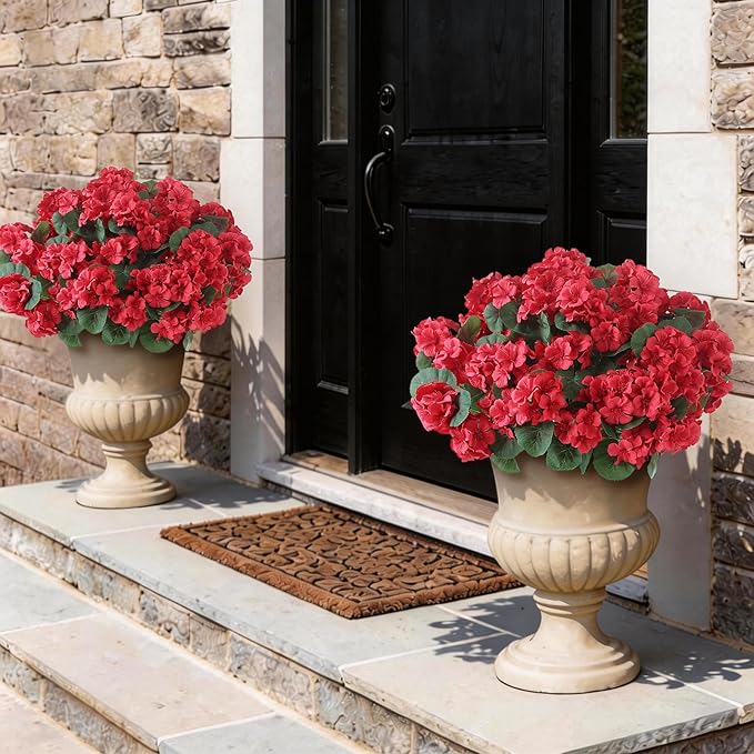 GLIDLION 12 Bundles Artificial Geranium Flowers for Spring Summer Decor, UV-Resistant Fake Plants Realistic Faux Silk Bouquets for Front Door Farmhouse Garden Porch Home Outdoor Decor (Red)