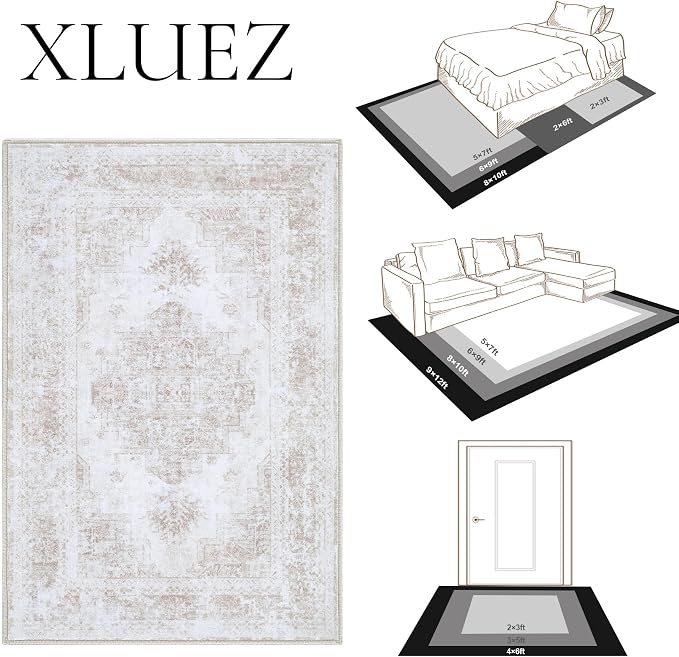 XLUEZ Area Rug 10x12 Living Room Rug, Machine Washable Vintage Distressed Medallion Rug Non-Slip Soft Low Pile Large Indoor Rugs for Bedroom Kitchen Dining Room Office(Beige,10'x12')