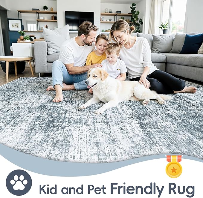 8x10 Area Rugs Washable Rug:Anti-Skid Abstract Modern Living Room Rug Soft Thin Carpets Indoor Floor Non-Shedding Carpet for Bedroom Dining Farmhouse Nursery Home Office(Light Slate Blue/White, 8x10)