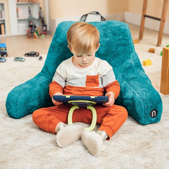 Nestl Fur Reading Pillow with Laptop Lap Desk, Stylish Back Pillow for Sitting Up, Lap Desk with Reading Pillows for Sitting in Bed Adult & Kids, Faux Fur Chair Pillow with Arms - Teal