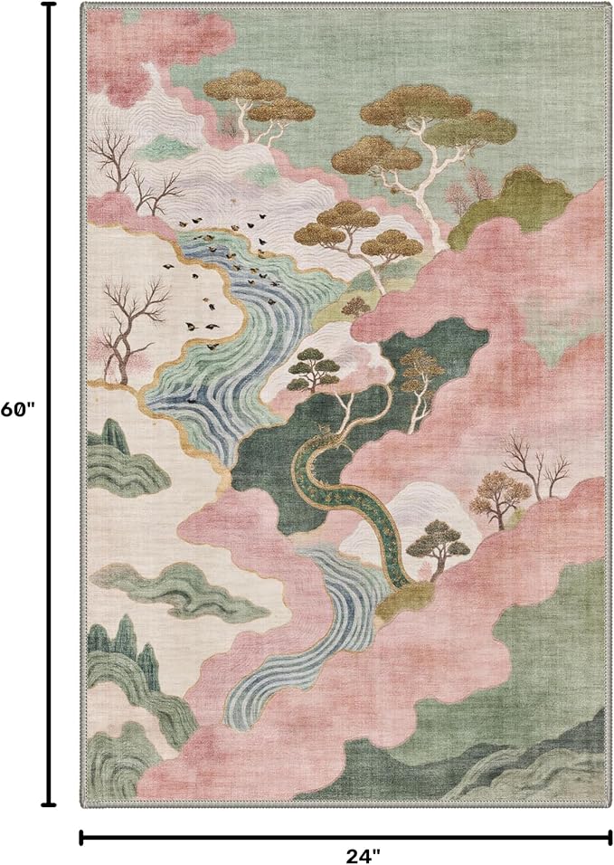 BEIMO Runner Rug for Hallway Kitchen, 2x5 Machine Washable Runners Rug for Entryway, Soft Modern Abstract Throw Rugs, Low Pile Floor Cover with Non Slip Backing, Sage Pink