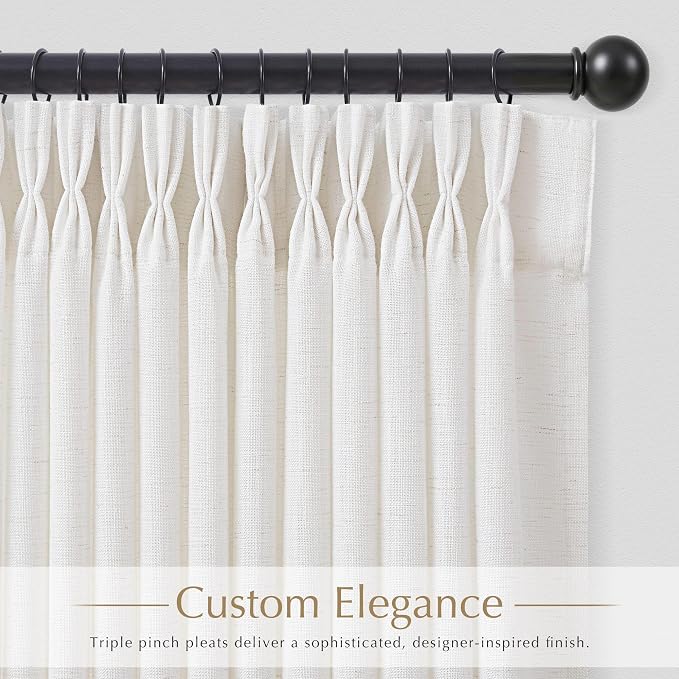 Triple Pinch Pleated Linen Curtains 96 inches Long for Living Room Patio Sliding Door Natural Cream Light Filtering Pinch Pleat Curtains 96 Length 2 Panels Modern Farmhouse Textured Linen Drapes 8 ft