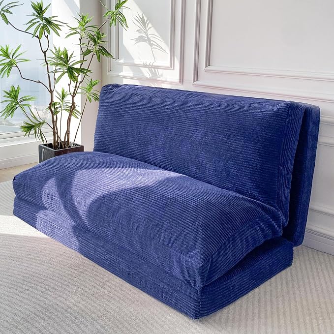 MAXYOYO Folding Sofa Bed, Extra Thick and Long Floor Sofa Convertible Chair with Washable Cover, Floor Couch Lounge Bean Bag Bed for Living Room, Navy, 39x91 Inch