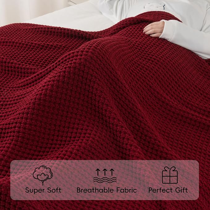 Bunnikins & Clover Christmas Throw Blanket for Couch, Knitted Waffle Throw Blanket, Red Blanket Throw for Women Mothers Birthday Gifts, 50"x60"