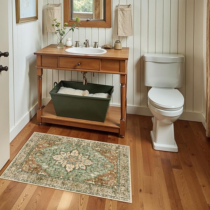 RELEANY Area Rugs 2'x4' Kitchen Rugs Entry Rug Small Rugs for Entryway Kitchen Bathroom Door Mat Indoor Entrance,Washable Non Slip, Brick Red Rust Neutral Brown Burnt Orange Green