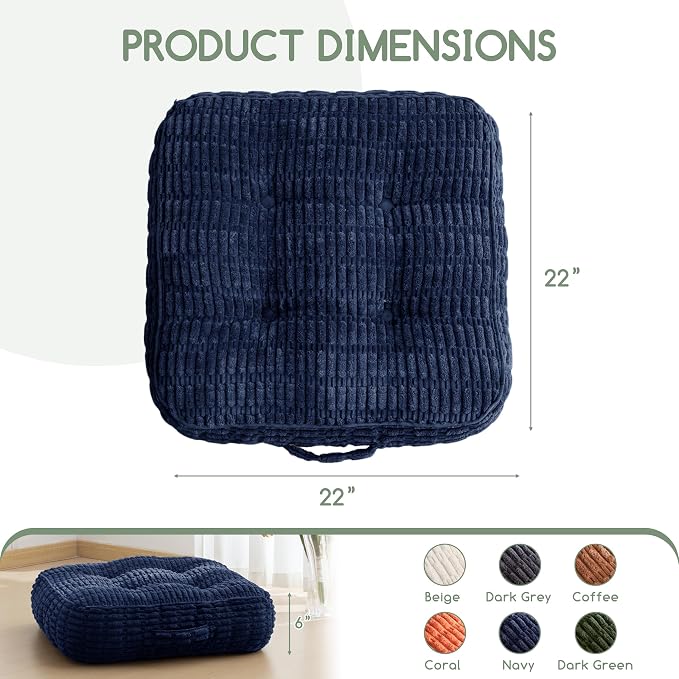 HIGOGOGO 6" Floor Pillow Cushion for Adults, Meditation Cushion Pillow, Blended Corduroy Cover, Large Square Floor Sitting for Tatami Living Room or Yoga, 22x22 Inch, Navy