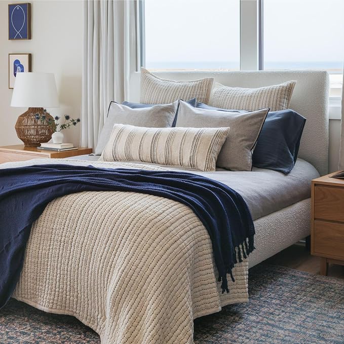 Oasis Deep Current Knit Throw Blanket 55x80, Deep Blue 100% Cotton Decorative Sofa and Bed Blanket, Lightweight All-Season Throw, Handwoven in India, Oeko-TEX Certified, Sofa Accent