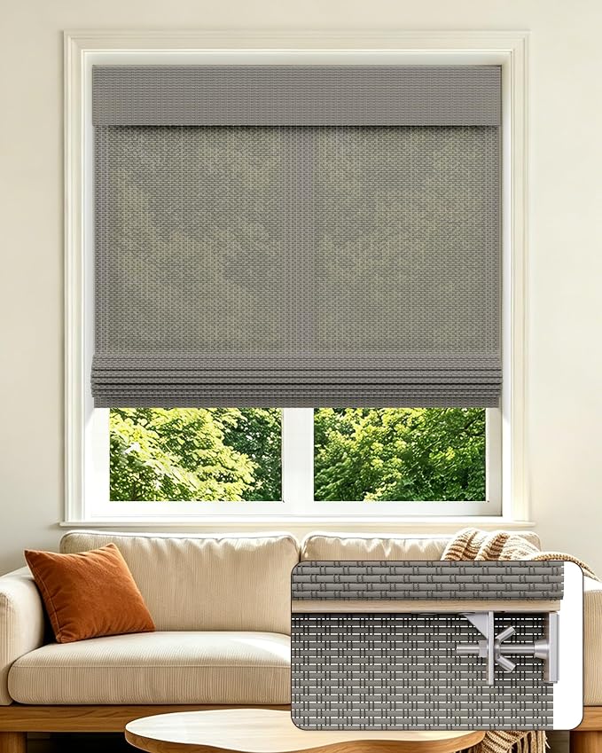 Allesin zen No Drill Cordless Bamboo Roman Shades, Light Filtering 34.5" W x 64" H, Gray