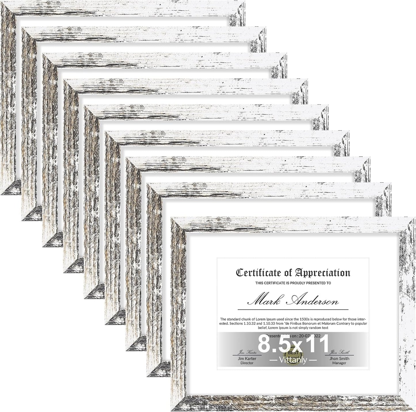 Vittanly 8.5x11 Picture Frames Set of 9, Shatter Resistant Plexiglass, Display 6x8 Pictures with Mat or 8.5x11 without Mat, Photo Frames for Wall or Tabletop, Engineered Wood, Distressed White