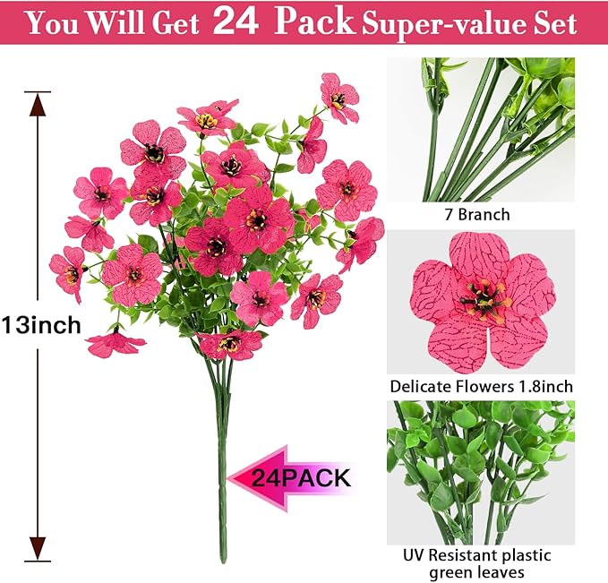 MERIXMAS 24 Bundles Artificial Flowers for Outdoors Decorations, Fake Flowers Artificial Plants Outdoor, Colorful Daisy Eucalyptus Realistic UV Resistant for Garden Patio Porch Home Decor, Rose Red