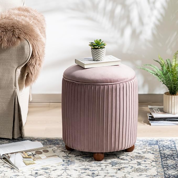 Glitzhome Round Ottoman with Storage, Pleated Velvet Small Foot Stool, Modern Accent Stool Upholstered Vanity Stool with Rubberwood Ball Feet for Bedroom Living Room Dorm Room, Dusty Pink