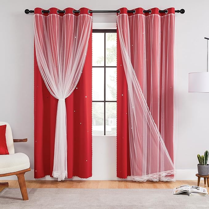 XiDi Red Curtains 63 Inches Long for Living Room Double Layer Curtains with Sheer Overlay for Girls Kids Bedroom Decor Ideal Princess Unicorn Theme Grommet Windows Drapes 2 Panels 34x63