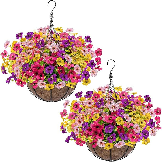 2 Sets Artificial Hanging Plants Flowers Basket Outdoor, Fake Hanging Plants Set of 2 Includes 24 Pcs Flowers for Porch, Patio, Garden, Home Decor in Spring Summer (Red, Purple, Yellow, Rose Red)