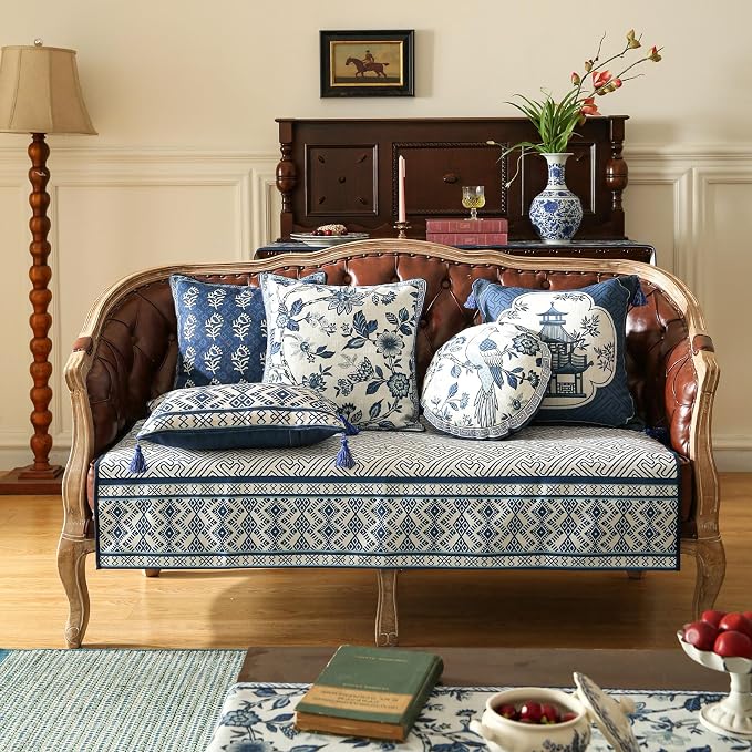 bilin gaier Designer Linen Throw Pillow Covers,20"x12" Set of 2-Suqing D | Vintage Elegant Rectangular Blue Pillow Cover,Concealed Zipper Design,Sofas,Bedroom,Living Room,Dining,Lounge Chairs