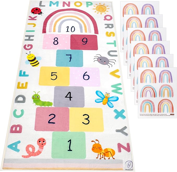 Hopscotch Rug for Kids, Hopscotch Play Mat, ABC Classroom Learning Mat, Small Kids Rug for Playroom, Non-Slip Educational Carpet for Kids Room or Classroom (Numbers & Squares)