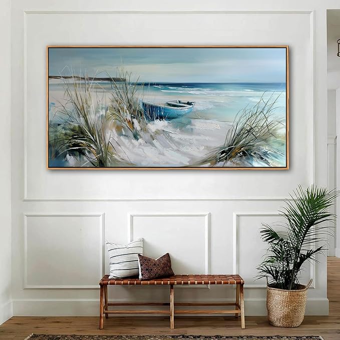 YDYSUNE Blue and White Coastal Wall Art Framed Canvas Picture - Beach Ocean Seascape Scenery Painting Artwork for Living Room,Bedroom Decoration Ready to Hang 24x48 Inches