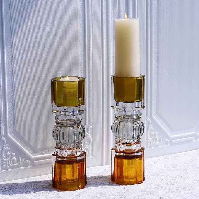 VOHO Amber Votive Candle Holders for Fall Decor, Set of 2 Vintage Tealight Candle Holder for Coffee Table Mantle, Tall Votive Holder Jazzy Glass Mix for Centerpiece(7.87x2.75 in W/H, Shades of Amber)