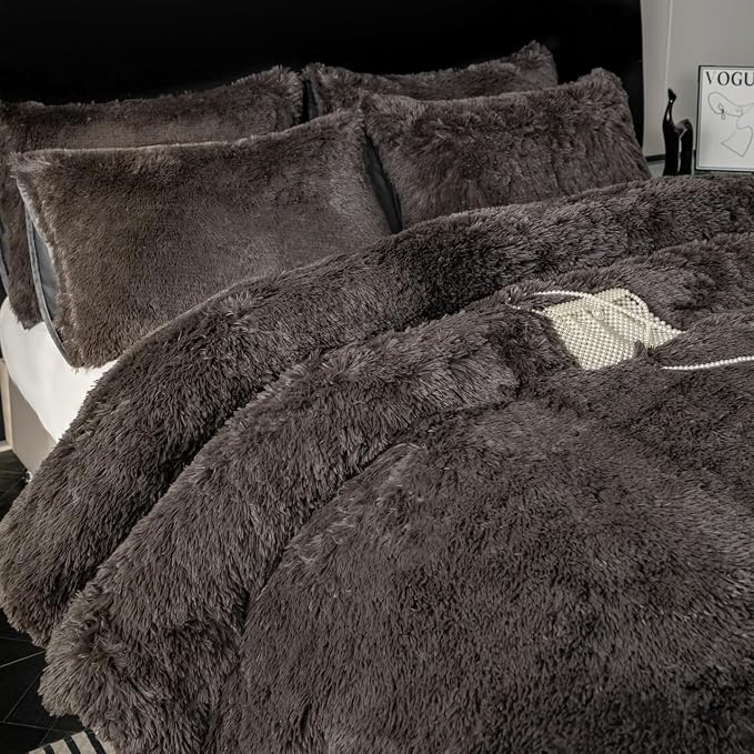 chovy Faux Fur Plush Gray Comforter Sets Full/Queen - Ultra Soft Shaggy Flannel Velvet Fluffy Fuzzy 3PC Bedding Set (Comforter x 1 Pillowcases x 2)