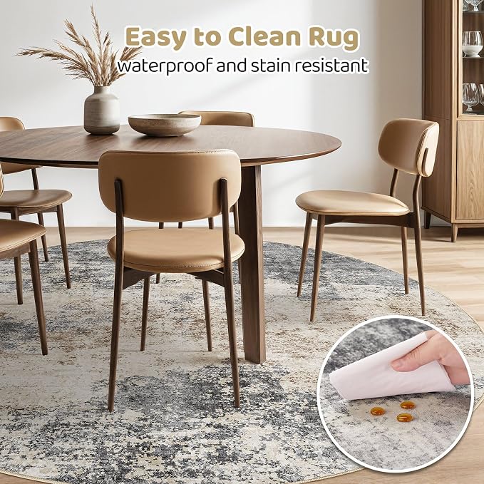 Round Rug Living Room Rugs: 8x8 Washable Circle Large Abstract Modern Soft Stain Resistant Non-Slip Indoor Floor Carpet for Bedroom Nursery Office Dining Room Dorm Home House- Grey Brown