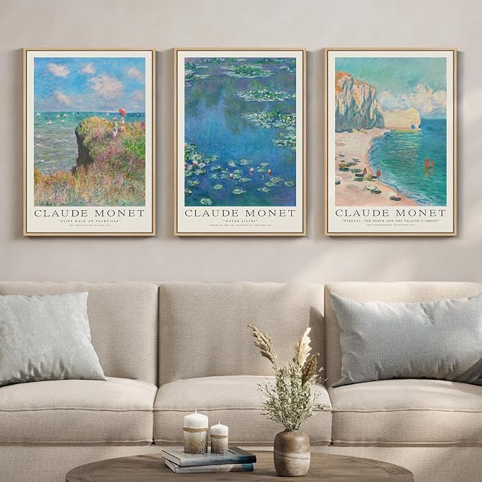 3 Piece Framed Monet Canvas Wall Art for Living Room, Large Impressionist Lake Landscape Prints Painting, Vintage Classic Picture Artwork Decor for Bedroom Dining Room 16x24 Inch