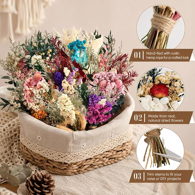 12/24PCS Handmade Dried Flower Bouquet with Stems Natural Dried Wildflowers 7.5 Inch Mini Dry Flowers for Vase Farmhouse Decor, Wedding Styling, Photography Props, Gift DIY(12pcs, Colorful)