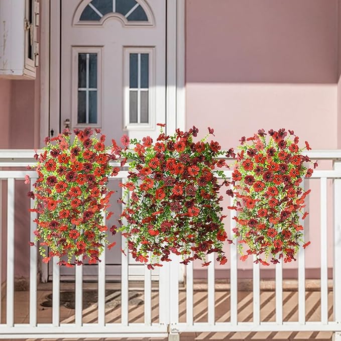 ZFProcess Artificial Hanging Flowers for Outdoors Spring Decoration, 2PCS Silk Fake Daisy Realistic Outdoor Flowers UV Resistant Porch Patio Window Yard Decor (Red Brown)