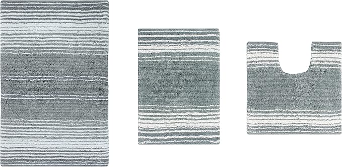 Home Weavers 100% Cotton Gradiation Collection Bathroom Décor | Washable Rug | Bathroom Mat | Kitchen Mat | Bathroom Rug Set | Bath Mat Set | Bath Floor Mat Non Slip, 3 Piece Set with Contour, Gray