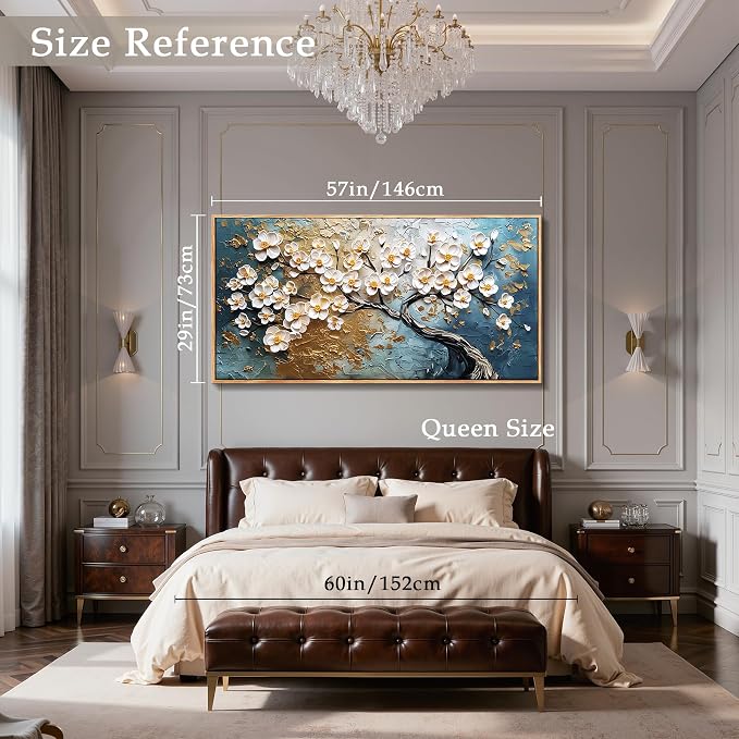 imjiayu Tree of Life Wall Art, Extra Large Wall Art, Abstract Art Wall Decor, Plum Bossom Tree Framed Painting Prints, Modern Blue and Gold Big Pictures for Living Room Bedroom Office Hotel 29"x57"