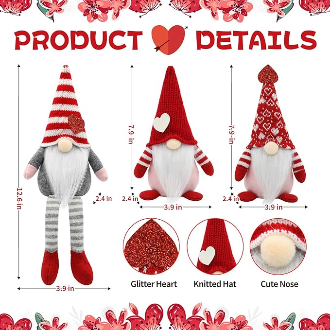 Valentines Day Decorations, 3Pcs Valentine Gnomes Plush with Hearts, Table Tired Tray Decor Indoor for Home Office, Romantic Gift for Her, Him