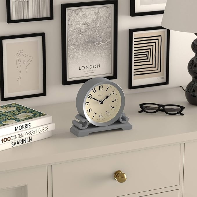 JONES CLOCKS® Saloon Mantel Clock | Small Traditional Double Scroll Design | French Navy | Contemporary Classic Style for Desk, Table, Shelf or Bedside