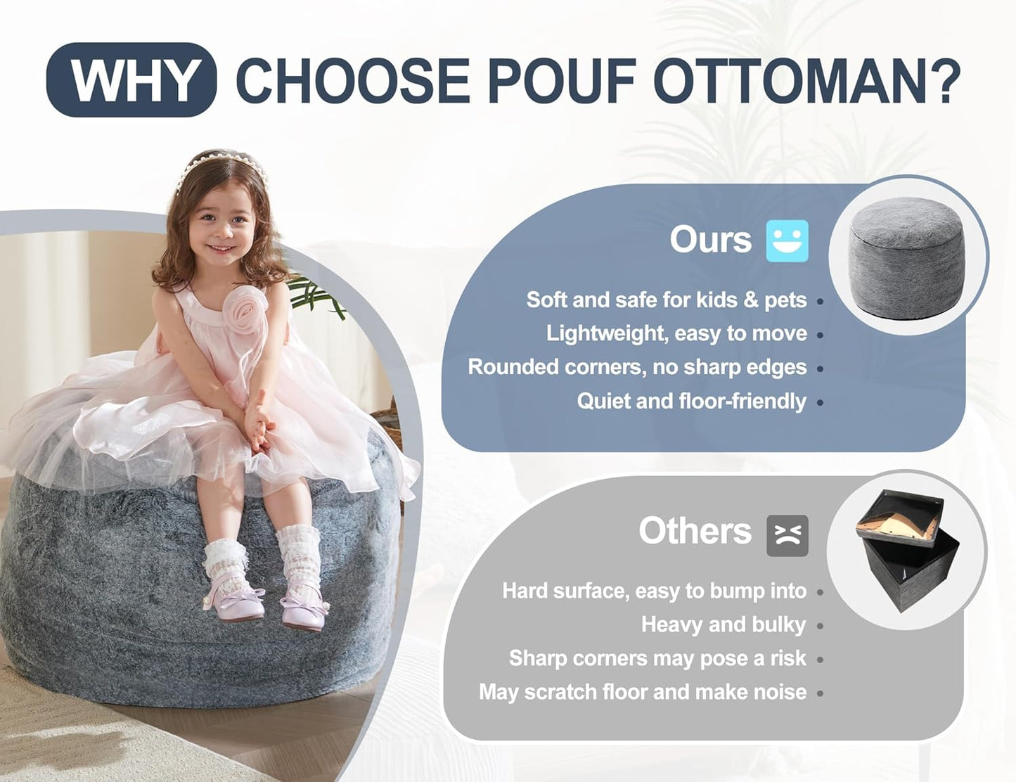 Pouf Ottoman Foot Rest 26"x18" Footstools and Ottomans Small with Filling Cream Small Beige Ottoman Foot Rest Ivory Poofy Ottom Stool Soft Poofs/Ottomans Furniture Living Room Ottom Footstool