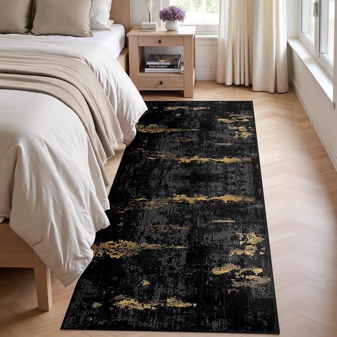 RELEANY Washable Area Rugs 2'x10' Non-Slip Modern Abstract Soft for Living Room Entryway Bedroom Nursery, Print Pattern, Dark Black Gold