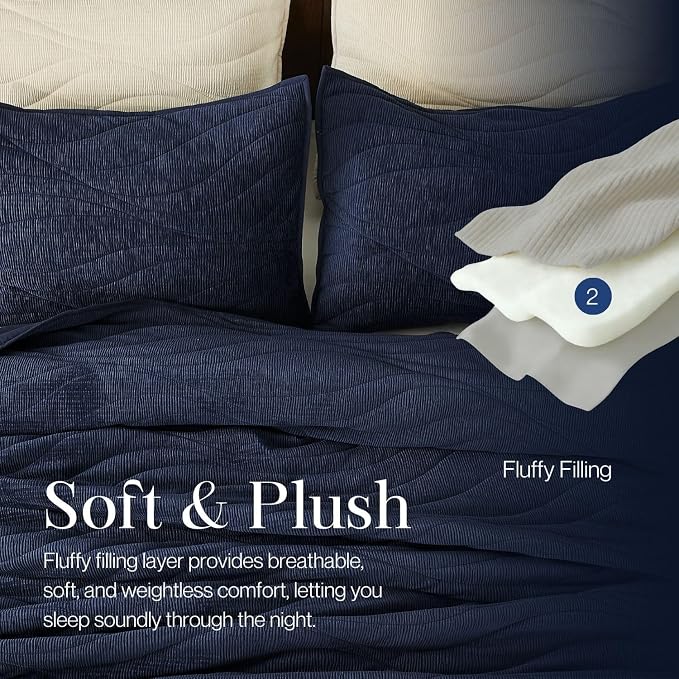 DOWN HOME Crinkle Textured Velvet Quilt Set with Shams, All-Season Luxury Modern Bedding,Easy Care Comforter,Ultra-Soft,Lightweight & Breathable, Queen, Imperial Blue